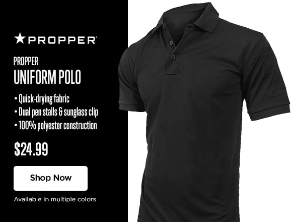 Propper Uniform Polo. Quick-drying fabric. Dual pen stalls & sunglass clip. 100% polyester construction. $24.99. Shop Now.