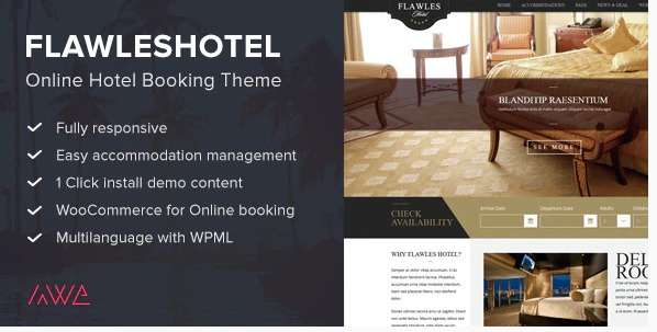 Flawleshotel Retail Theme Relaxing, comfortable and cozy, those are exactly what your visitors could feel surfing your new hotel and resort pages with Flawleshotel WordPress Theme. Putting simplicity and ultimate experience on top, Flawleshotel provides minimal and classy design with handy back-end customizer, Typography setting and AWE Shortcodes for best display your spacious places.